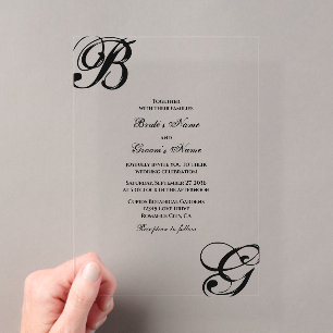Invitations En Acrylique Mariage à monogramme en script noir et blanc