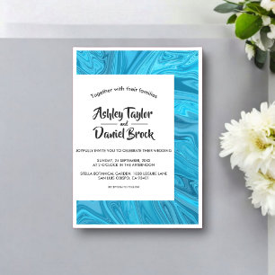 Invitations En Acrylique Mariage Abstrait aux Vagues Bleues Moderne et Élég