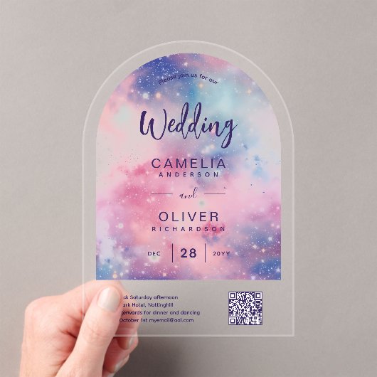 Invitations En Acrylique MARIAGE ACRYLIC étoile rose nuit bleu QRCode RSVP (In situ (ordinateur de poche))