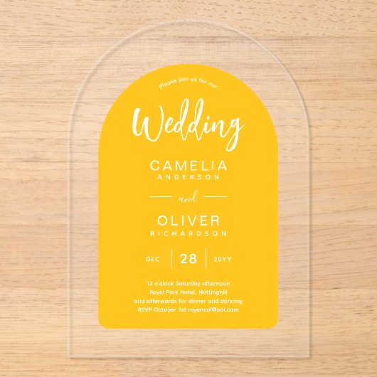 Invitations En Acrylique Mariage Acrylique Arc Blanc Jaune Invite Moderne (Recto)