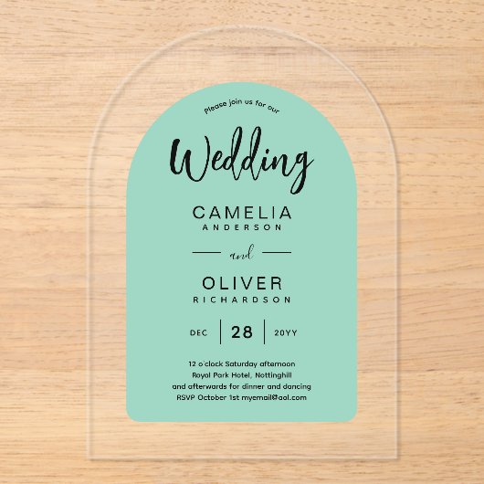 Invitations En Acrylique Mariage Acrylique Arc Vert Mint Invite Moderne (Recto)