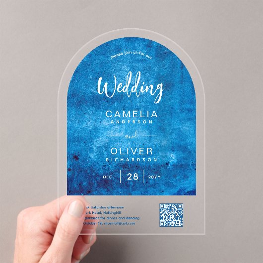 Invitations En Acrylique MARIAGE ACRYLIQUE Distressed SKI BLUE QR Code RSVP (In situ (ordinateur de poche))