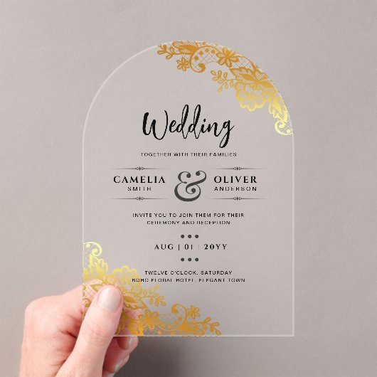 Invitations En Acrylique Mariage ACRYLIQUE Invite Elegant Or Dentelle (In situ (ordinateur de poche))
