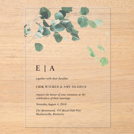 Invitations En Acrylique Mariage acrylique invite Eucalyptus (Recto)
