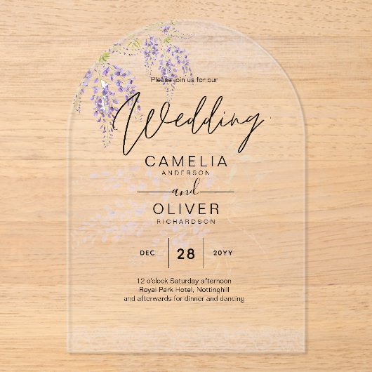 Invitations En Acrylique Mariage ACRYLIQUE Invite Fleurs de Wisteria Clair (Recto)