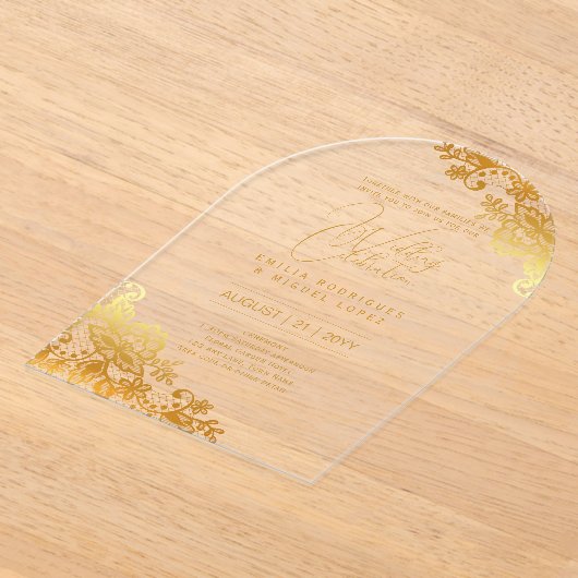 Invitations En Acrylique Mariage ACRYLIQUE Invite Gold Lace Texte Élégant (Poser)