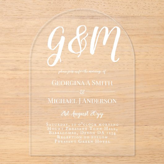 Invitations En Acrylique Mariage ACRYLIQUE Invite LE TEXTE BLANC Initiales (Recto)