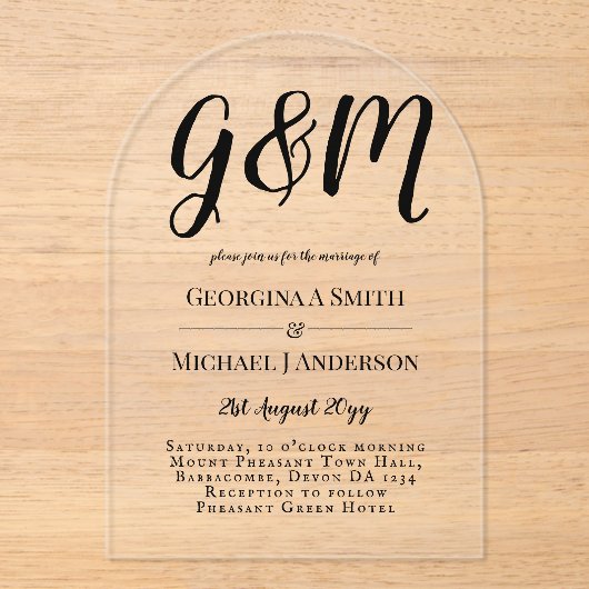 Invitations En Acrylique Mariage ACRYLIQUE Invite LE TEXTE NOIR Initiales e (Recto)