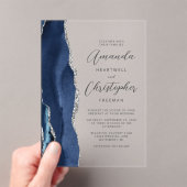 Invitations En Acrylique Mariage Agate Bleu Nuit Argent Script (In situ (ordinateur de poche))