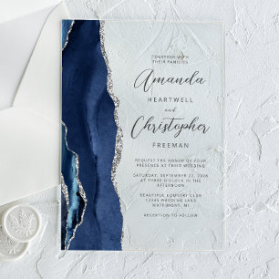 Invitations En Acrylique Mariage Agate Bleu Nuit Argent Script