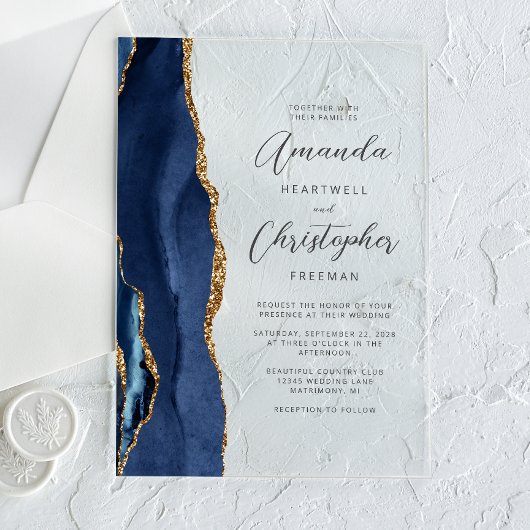 Invitations En Acrylique Mariage Agate Navy Blue Gold Script