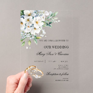 Invitations En Acrylique Mariage anneau d'or à fleurs blanches