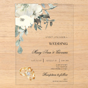 Invitations En Acrylique Mariage Anneau d'or Floral Blanc