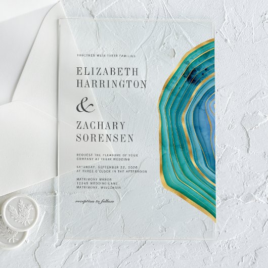 Invitations En Acrylique Mariage Aquarelle Agate Sarcelle Or