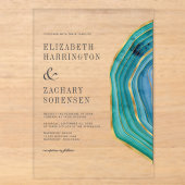 Invitations En Acrylique Mariage Aquarelle Agate Sarcelle Or (Recto)