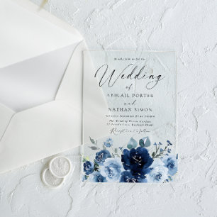 Invitations En Acrylique Mariage aquarelle élégant bleu marine et bleu pous