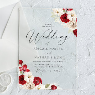 Invitations En Acrylique Mariage aquarelle floral blanc et rouge rubis