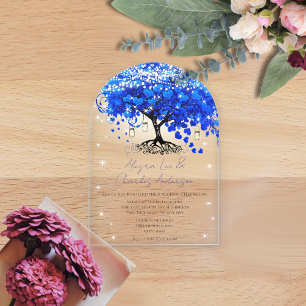Invitations En Acrylique Mariage Arbre à Feuilles en Forme de Cœur Bleu de