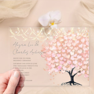 Invitations En Acrylique Mariage Arbre à Feuilles en Forme de Coeur Rose Co