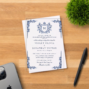 Invitations En Acrylique Mariage au Blason Vintage Bleu Monogramme