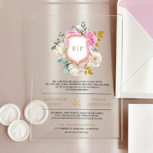 Invitations En Acrylique Mariage au monogramme à crête florale rose pastel