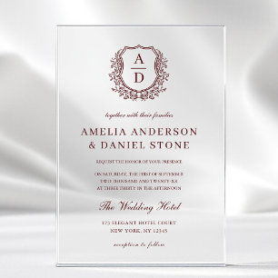 Invitations En Acrylique Mariage au monogramme de la crête florale de Bourg
