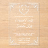 Invitations En Acrylique Mariage au monogramme orné blanc (Recto)