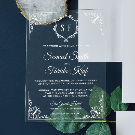Invitations En Acrylique Mariage au monogramme orné blanc