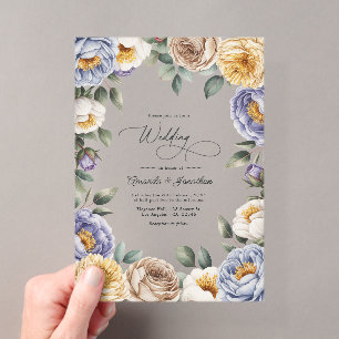 Invitations En Acrylique Mariage au ton Pervenche Atténué, Crème et Grège