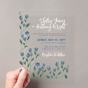 Invitations En Acrylique Mariage aux délicates fleurs sauvages bleues