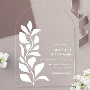 Invitations En Acrylique Mariage aux feuilles botaniques blanches modernes