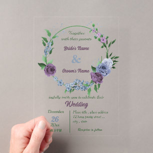 Invitations En Acrylique Mariage aux fleurs bleues poussiéreuses violettes