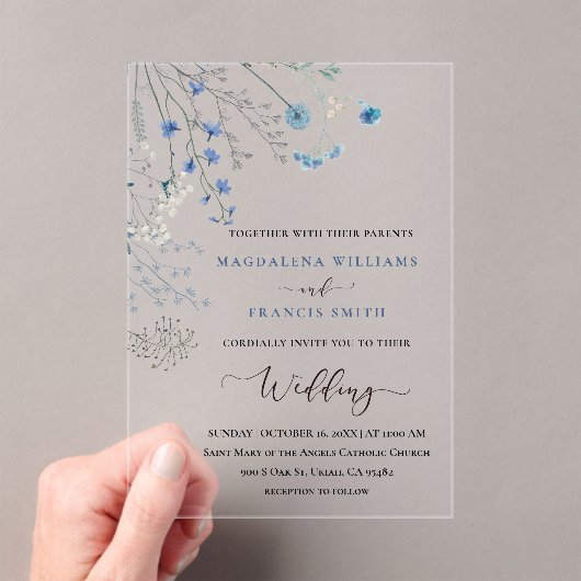 Invitations En Acrylique mariage aux fleurs sauvages bleues (In situ (ordinateur de poche))