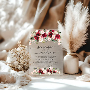 Invitations En Acrylique Mariage aux Roses Aquarelle Rouge Bourgogne