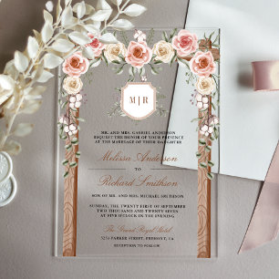 Invitations En Acrylique Mariage avec Canopée en Bois Rustique et Monogramm