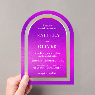 Invitations En Acrylique Mariage avec texte blanc sur fond dégradé violet
