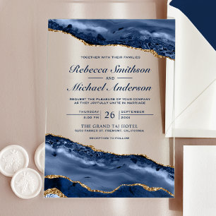 Invitations En Acrylique Mariage avec un marbre d'agate bleu marine et or