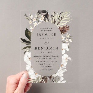 Invitations En Acrylique Mariage balnéaire floral noir et blanc