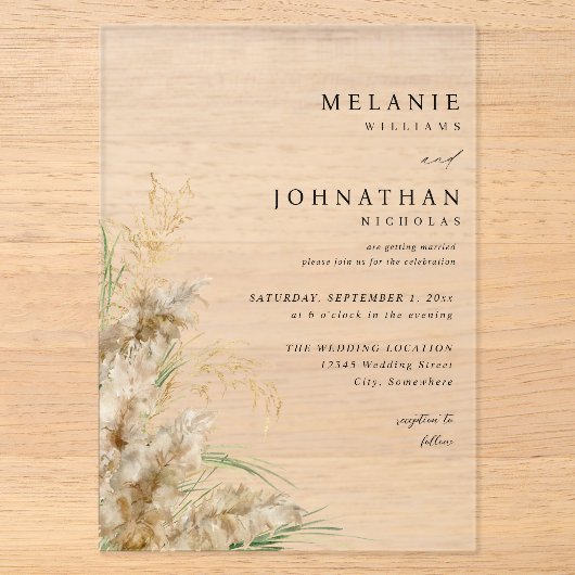 Invitations En Acrylique Mariage Beachy Boho Herbe de Pampas 2 (Recto)