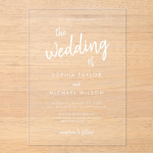 Invitations En Acrylique Mariage blanc de script moderne en gras (Recto)