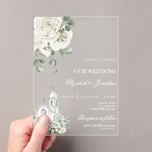 Invitations En Acrylique Mariage blanc en acrylique floral avec église
