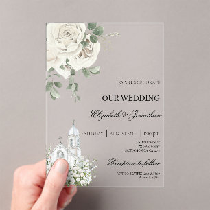 Invitations En Acrylique Mariage blanc floral en acrylique avec église