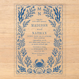 Invitations En Acrylique Mariage bleu coquille de crabe nautique océan plag