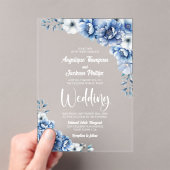 Invitations En Acrylique Mariage bleu floral élégant (In situ (ordinateur de poche))