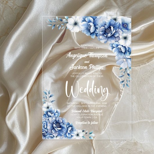 Invitations En Acrylique Mariage bleu floral élégant