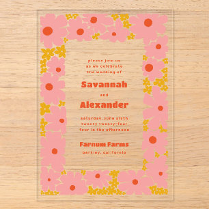 Invitations En Acrylique Mariage Bohème aux Fleurs Groovy Rose et Orange