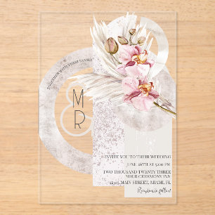 Invitations En Acrylique Mariage Bohème Beige Rose Monogramme Pampas B