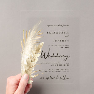 Invitations En Acrylique Mariage Bohème Champêtre Neutre avec Herbe de Pamp