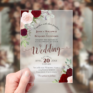 Invitations En Acrylique Mariage Bohème Élégant Roses Rouges Bourguignon &