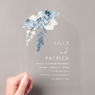 Invitations En Acrylique Mariage Bohème Fleurie Arche Bleu Poussiéreux